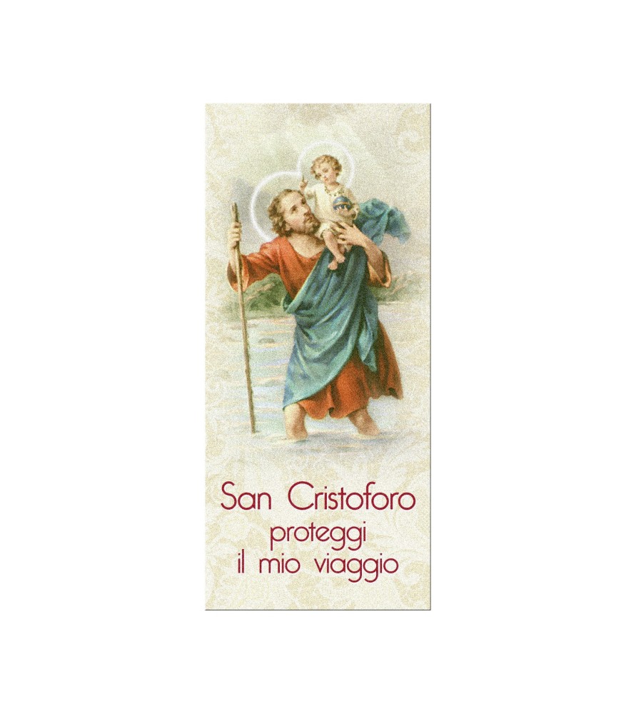 Confezone da 20 Pezzi di: Segnalibro in pregiato cartoncino perlato di San Cristoforo con preghiera a retro Confezone da 20 Pezzi di: Segnalibro in pregiato cartoncino perlato di San Cristoforo con preghiera a retro