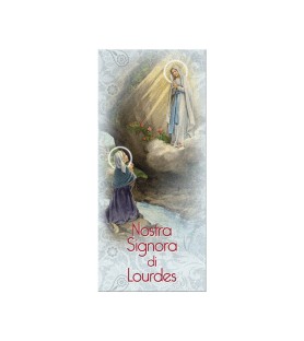 Confezone da 20 Pezzi di: Segnalibro in pregiato cartoncino perlato della Madonna di Lourdes con preghiera a retro