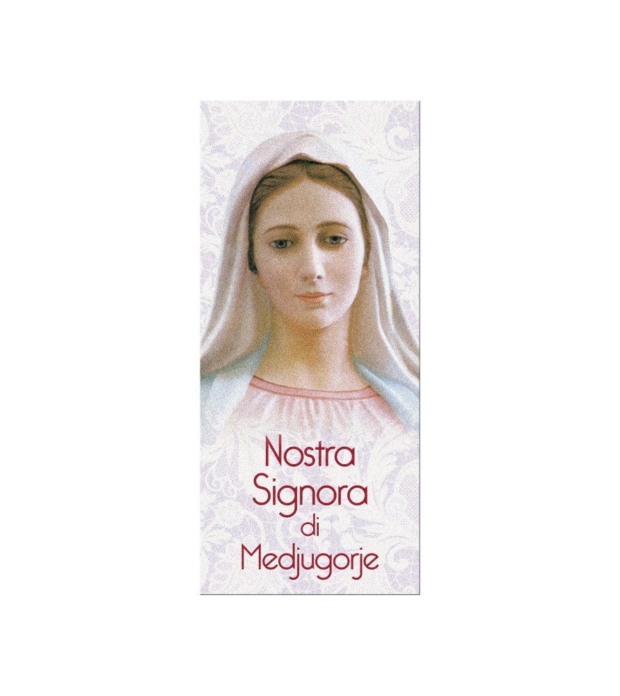Confezone da 20 Pezzi di: Segnalibro in pregiato cartoncino perlato della Madonna di Medjugorje con preghiera a retro Confezone da 20 Pezzi di: Segnalibro in pregiato cartoncino perlato della Madonna di Medjugorje con preghiera a retro