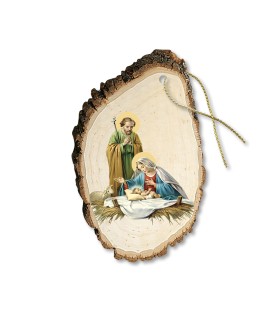 Set di 3 Decorazioni Natalizie su Legno di Pioppo, a Forma di Tronchetto con Gesù bambino la Madonna e San Giuseppe