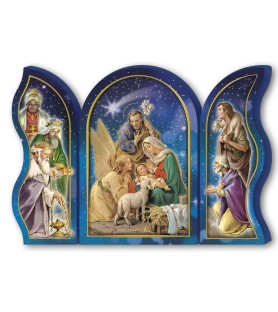 Polittico devozionale in legno della Sacra Famiglia con angelo e Re Magi