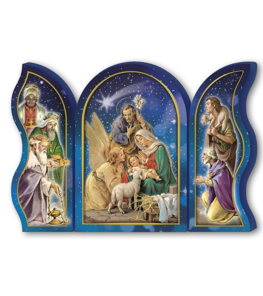 Polittico devozionale in legno della Sacra Famiglia con angelo e Re Magi Polittico devozionale in legno della Sacra Famiglia con angelo e Re Magi