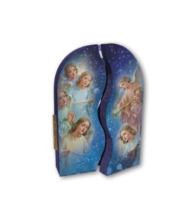 Polittico devozionale in legno della Sacra Famiglia con angelo e Re Magi