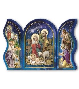 Polittico devozionale in legno della Sacra Famiglia con bue e asinello