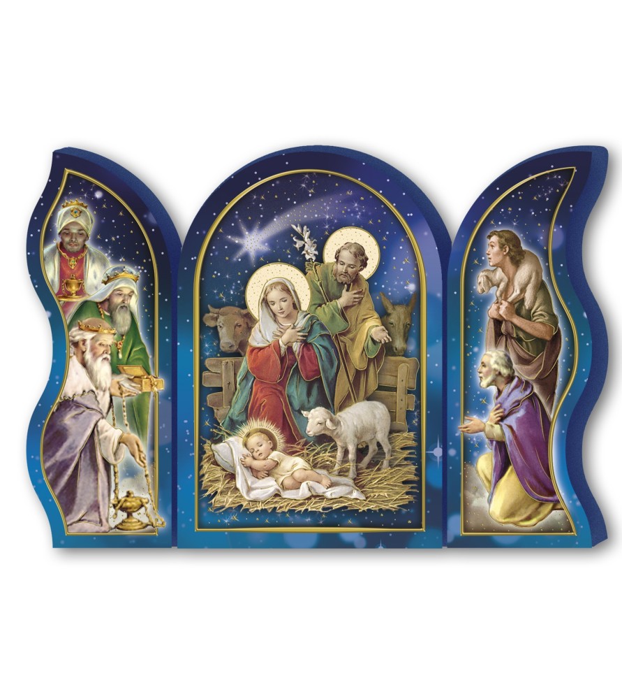 Polittico devozionale in legno della Sacra Famiglia con bue e asinello Polittico devozionale in legno della Sacra Famiglia con bue e asinello