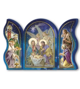 Polittico devozionale in legno della Sacra Famiglia con angeli e Re Magi