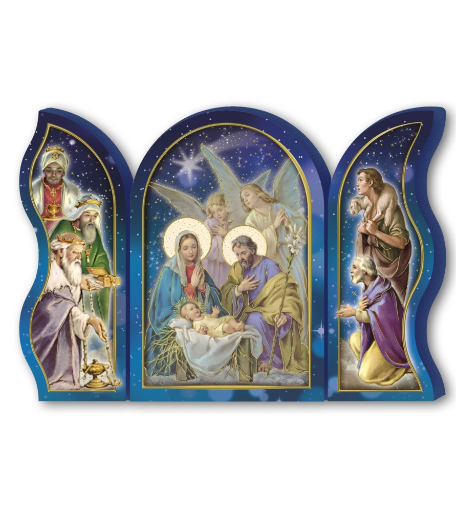 Polittico devozionale in legno della Sacra Famiglia con angeli e Re Magi Polittico devozionale in legno della Sacra Famiglia con angeli e Re Magi