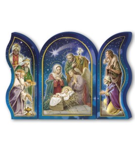 Polittico devozionale in legno della Sacra Famiglia con angelo e Re Magi