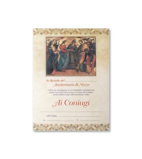 25 Certificati in carta pergamena in ricordo dell'Anniversario di nozze con lo Sposalizio della Vergine di Raffaello