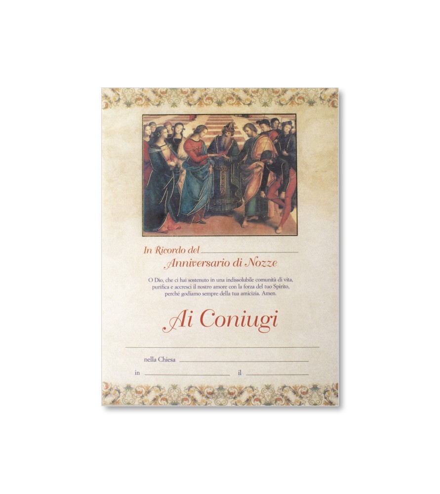 25 Certificati in carta pergamena in ricordo dell'Anniversario di nozze con lo Sposalizio della Vergine di Raffaello