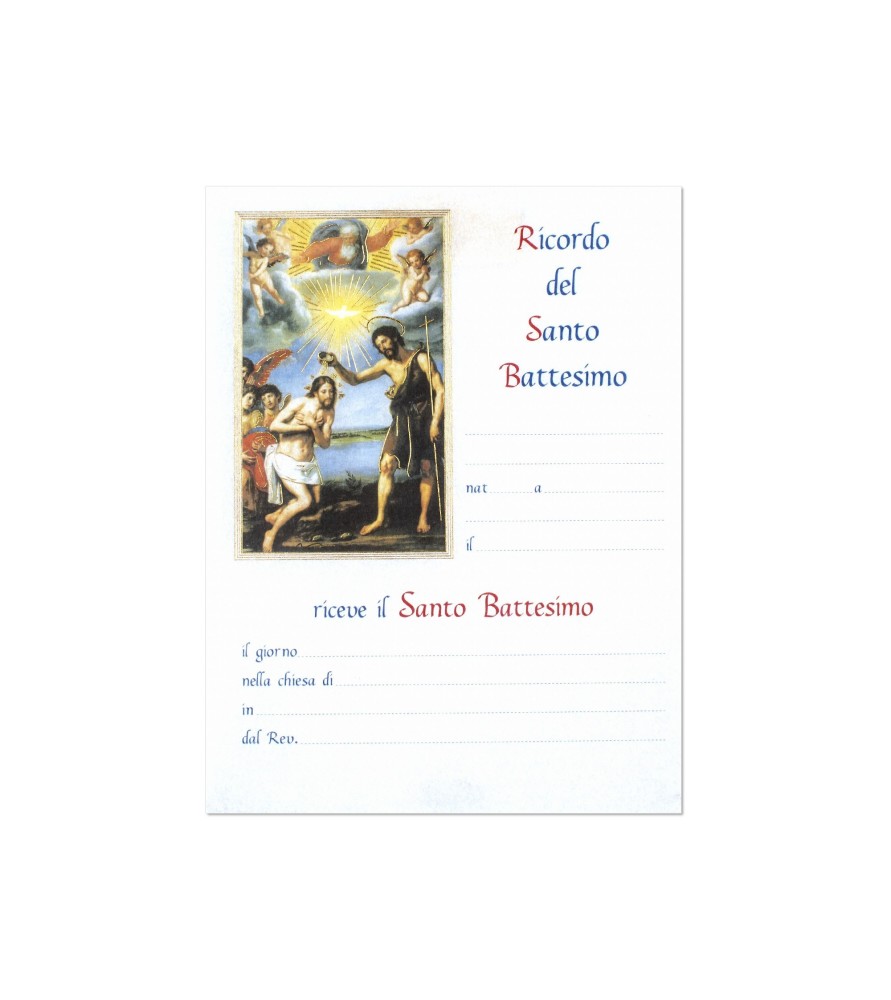 25 Certificati in carta pergamena in ricordo del Battesimo con l'immagine del Battesimo di Gesù nel Giordano 25 Certificati in carta pergamena in ricordo del Battesimo con l'immagine del Battesimo di Gesù nel Giordano