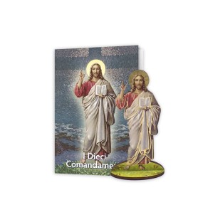 Statuetta bidimensionale di Gesù e i Dieci Comandamenti con preghiera e biografia