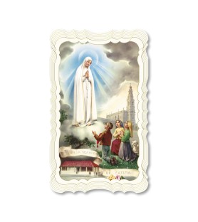 Confezione da 50 pezzi di: Santino in carta telata color avorio della Madonna di Fatima con i pastorelli