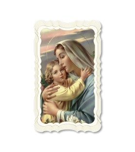 Confezione da 50 pezzi di: Santino in carta telata color avorio della Madonna con Bambino