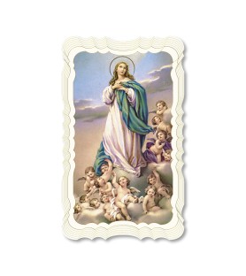 Confezione da 50 pezzi di: Santino in carta telata color avorio della Madonna Assunta
