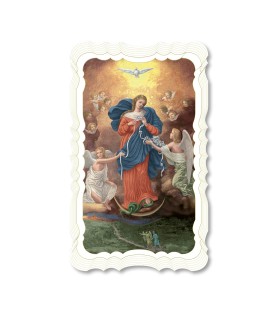 Confezione da 50 pezzi di: Santino in carta telata color avorio di Maria che scioglie i nodi