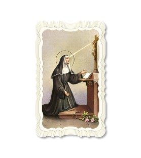 Confezione da 50 pezzi di: Santino in carta telata color avorio di Santa Rita da Cascia