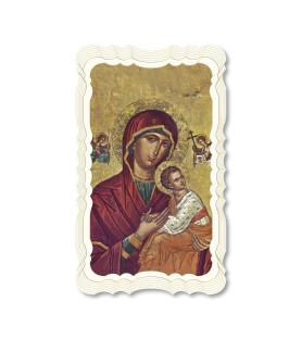 Confezione da 50 pezzi di: Santino in carta telata color avorio della Madonna del Perpetuo Soccorso