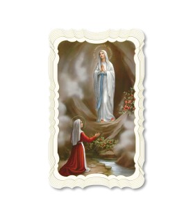 Confezione da 50 pezzi di: Santino in carta telata color avorio dell'Apparizione di Lourdes