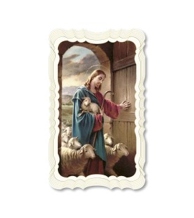 Confezione da 50 pezzi di: Santino in carta telata color avorio di Gesù Buon Pastore