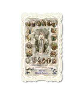 Confezione da 50 pezzi di: Santino in carta telata color avorio della Madonna di Lourdes con Misteri