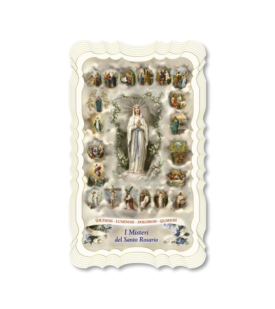 Confezione da 50 pezzi di: Santino in carta telata color avorio della Madonna di Lourdes con Misteri Confezione da 50 pezzi di: Santino in carta telata color avorio della Madonna di Lourdes con Misteri