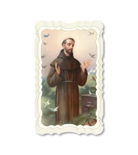 Confezione da 50 pezzi di: Santino in carta telata color avorio di San Francesco d'Assisi