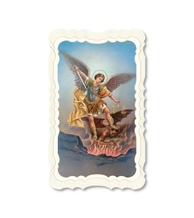 Confezione da 50 pezzi di: Santino in carta telata color avorio di San Michele Arcangelo