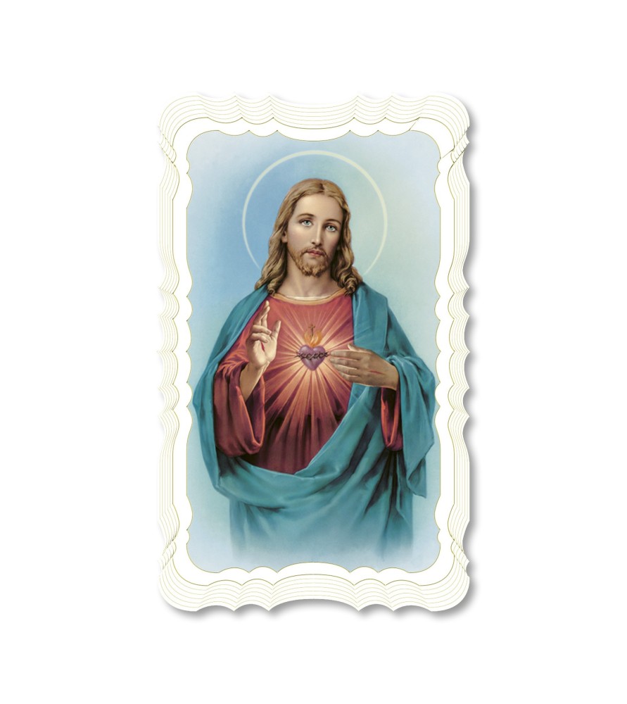 Confezione da 50 pezzi di: Santino del Sacro Cuore di Gesù. Stampato in carta pregiata con oro a caldo e preghiera a retro Confezione da 50 pezzi di: Santino del Sacro Cuore di Gesù. Stampato in carta pregiata con oro a caldo e preghiera a retro