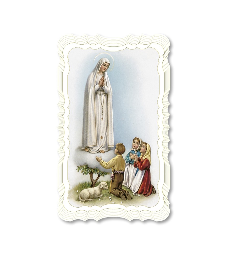 Confezione da 50 pezzi di: Santino della Madonna di Fatima. Stampato in carta pregiata con oro a caldo e preghiera a retro Confezione da 50 pezzi di: Santino della Madonna di Fatima. Stampato in carta pregiata con oro a caldo e preghiera a retro
