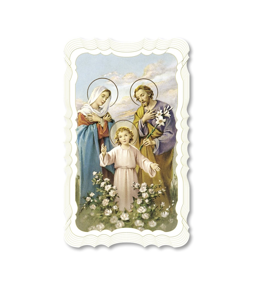 Confezione da 50 pezzi di: Santino della Sacra Famiglia. Stampato in carta pregiata con oro a caldo e preghiera a retro Confezione da 50 pezzi di: Santino della Sacra Famiglia. Stampato in carta pregiata con oro a caldo e preghiera a retro