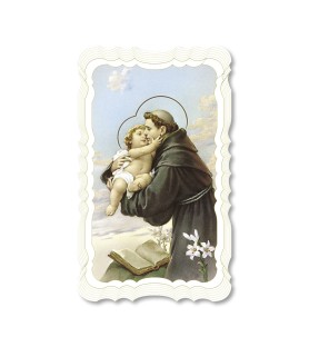 Confezione da 50 pezzi di: Santino di Sant'Antonio da Padova. Stampato in carta pregiata con oro a caldo e preghiera a retro