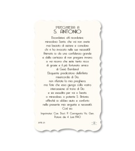 Confezione da 50 pezzi di: Santino di Sant'Antonio da Padova. Stampato in carta pregiata con oro a caldo e preghiera a retro