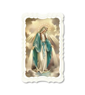 Confezione da 50 pezzi di: Santino della Madonna Miracolosa. Stampato in carta pregiata con oro a caldo e preghiera a retro