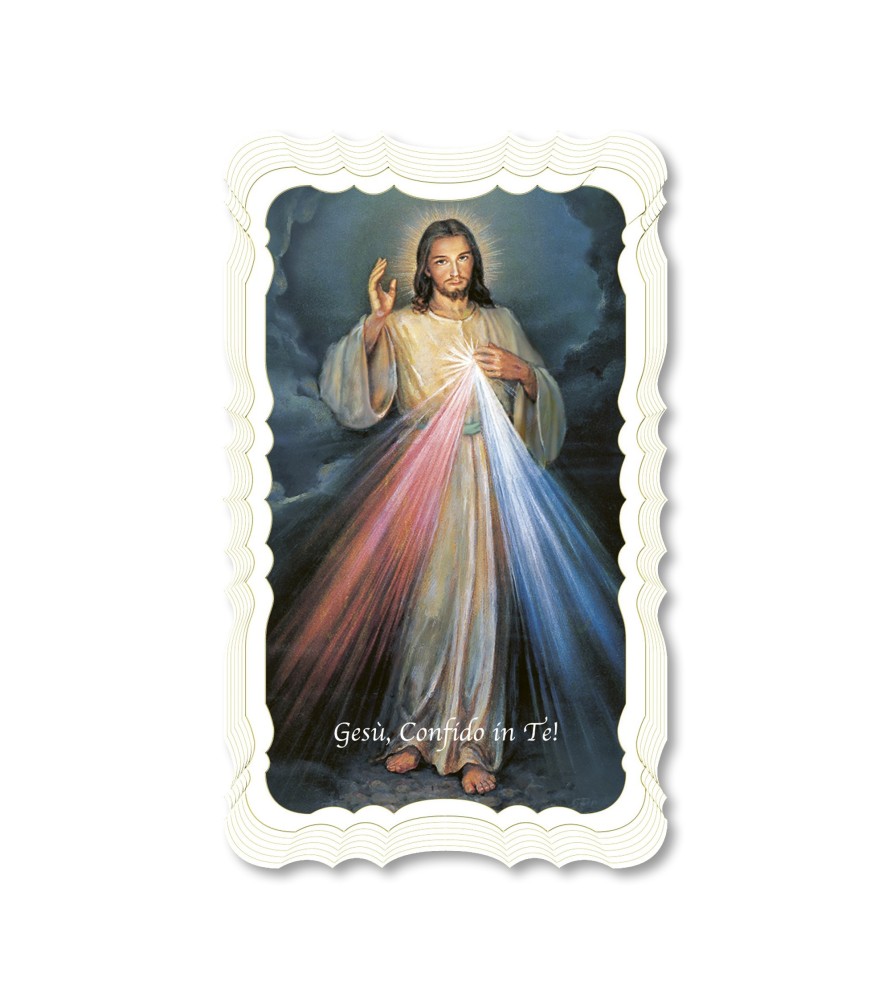 Confezione da 50 pezzi di: Santino di Gesù Misericordioso. Stampato in carta pregiata con oro a caldo e preghiera a retro Confezione da 50 pezzi di: Santino di Gesù Misericordioso. Stampato in carta pregiata con oro a caldo e preghiera a retro
