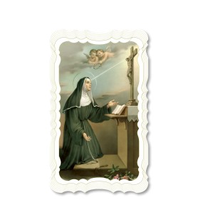 Confezione da 50 pezzi di: Santino di Santa Rita da Cascia. Stampato in carta pregiata con oro a caldo e preghiera a retro