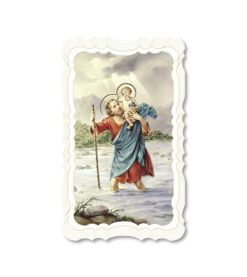Confezione da 50 pezzi di: Santino di San Cristoforo. Stampato in carta pregiata con oro a caldo e preghiera a retro