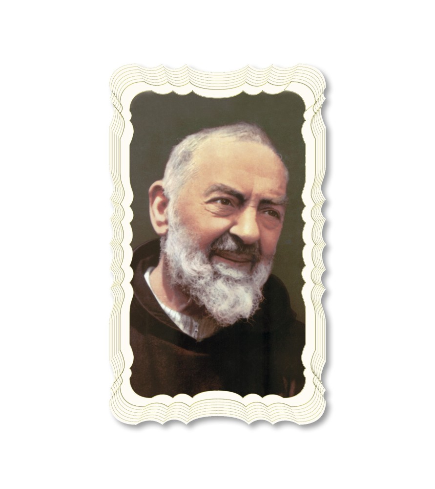 Confezione da 50 pezzi di: Santino di Padre Pio. Stampato in carta pregiata con oro a caldo e preghiera a retro