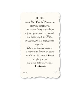 Confezione da 50 pezzi di: Santino di Padre Pio. Stampato in carta pregiata con oro a caldo e preghiera a retro