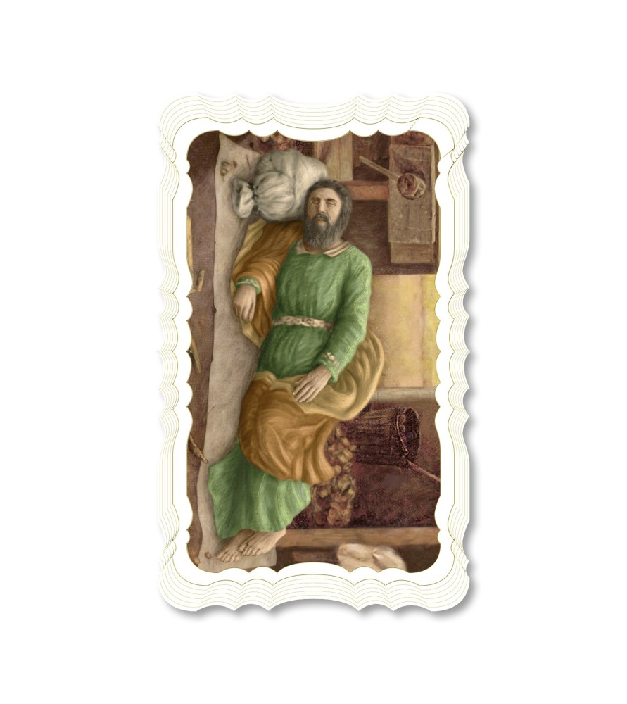Confezione da 50 pezzi di: Santino di San Giuseppe dormiente. Stampato in carta pregiata con oro a caldo e preghiera a retro Confezione da 50 pezzi di: Santino di San Giuseppe dormiente. Stampato in carta pregiata con oro a caldo e preghiera a retro