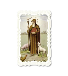 Confezione da 50 pezzi di:Santino di Sant'Antonio Abate. Stampato in carta pregiata con oro a caldo e preghiera a retro