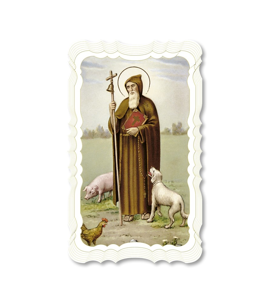 Confezione da 50 pezzi di:Santino di Sant'Antonio Abate. Stampato in carta pregiata con oro a caldo e preghiera a retro