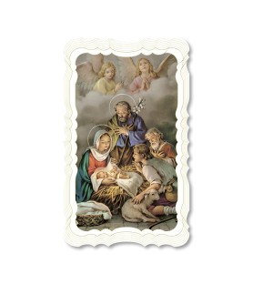 Confezione da 50 pezzi di:Santino dell'Adorazione dei pastori. Stampato in carta pregiata con oro a caldo e preghiera a retro
