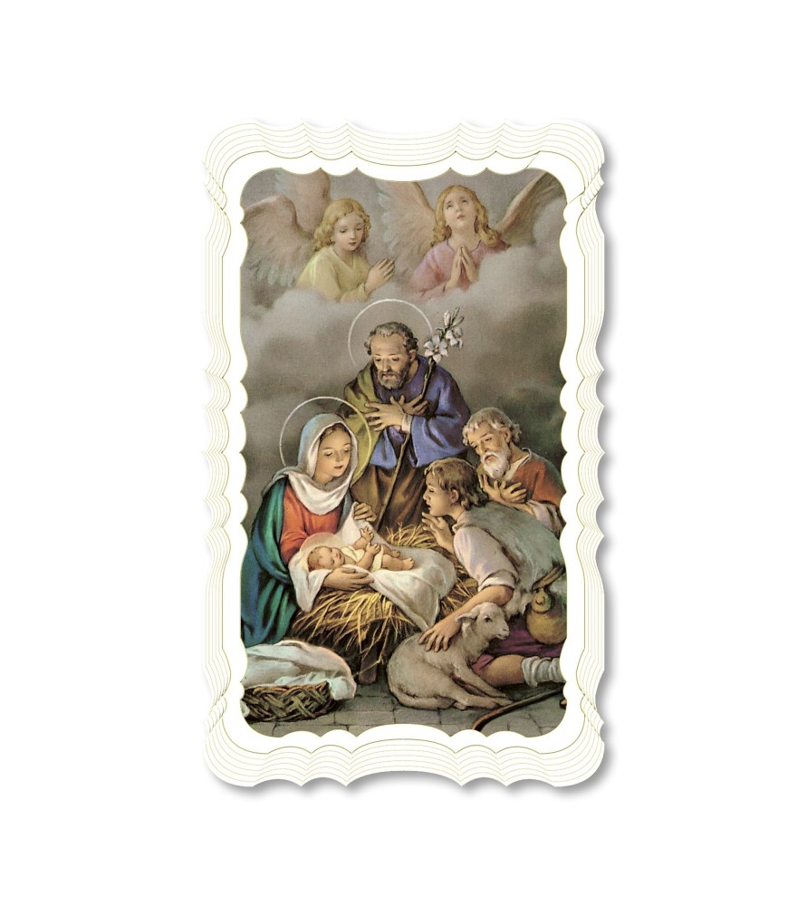 Confezione da 50 pezzi di:Santino dell'Adorazione dei pastori. Stampato in carta pregiata con oro a caldo e preghiera a retro Confezione da 50 pezzi di:Santino dell'Adorazione dei pastori. Stampato in carta pregiata con oro a caldo e preghiera a retro