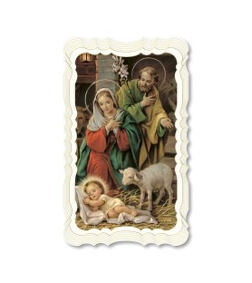 Confezione da 50 pezzi di:Santino del Presepe. Stampato in carta pregiata con oro a caldo e preghiera a retro