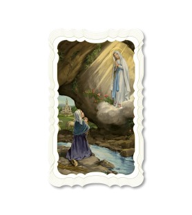 Confezione da 50 pezzi di:Santino dell'Apparizione di Lourdes. Stampato in carta pregiata con oro a caldo e preghiera a retro
