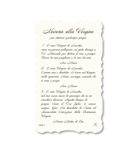Confezione da 50 pezzi di:Santino dell'Apparizione di Lourdes. Stampato in carta pregiata con oro a caldo e preghiera a retro
