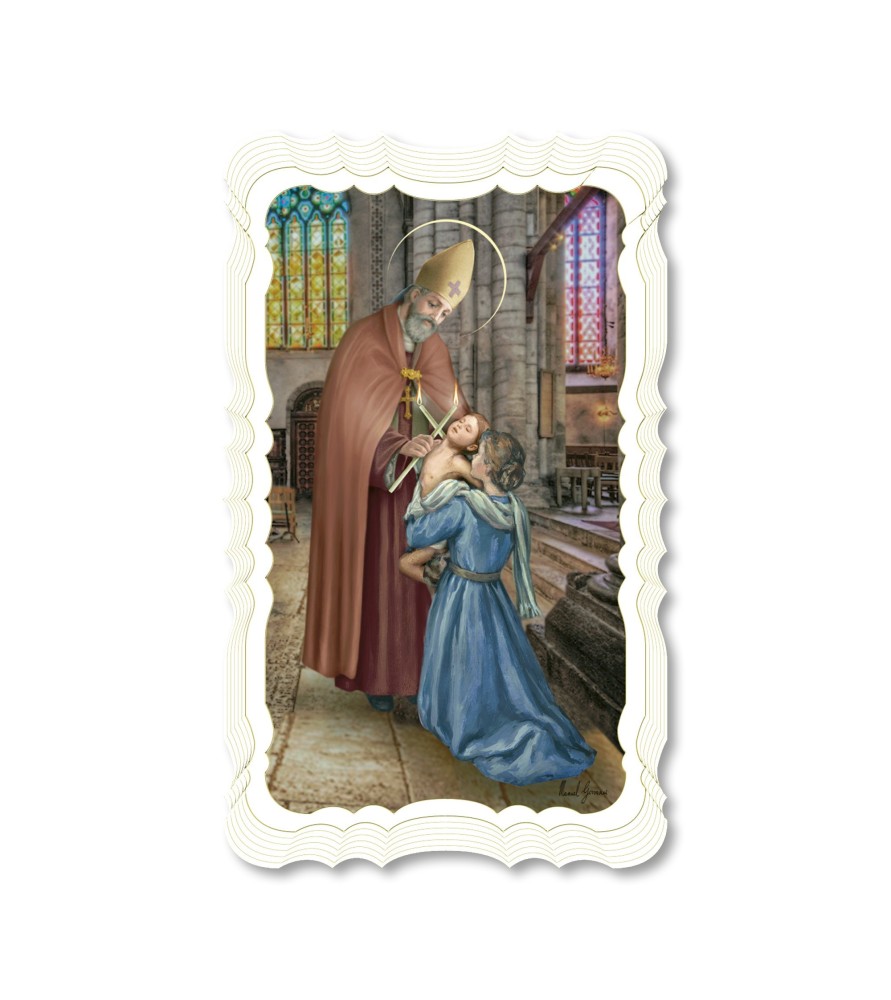 Confezione da 50 pezzi di:Santino di San Biagio. Stampato in carta pregiata con oro a caldo e preghiera a retro