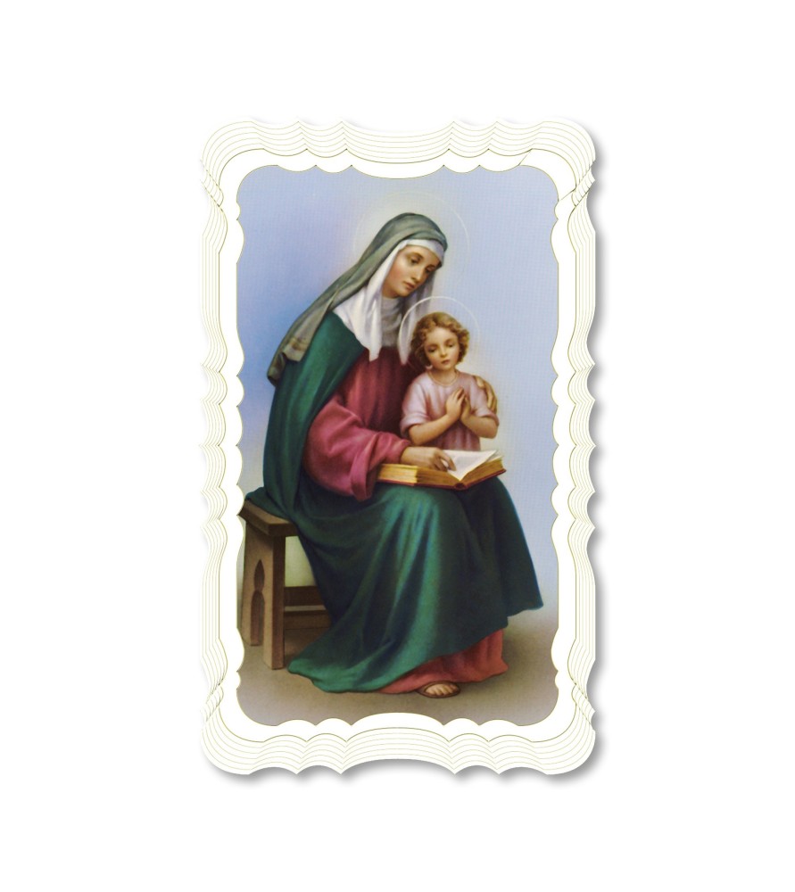 Confezione da 50 pezzi di:Santino di Sant'Anna. Stampato in carta pregiata con oro a caldo e preghiera a retro