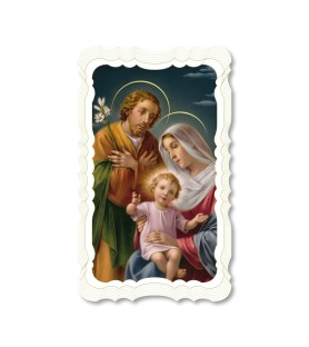Confezione da 50 pezzi di:Santino della Sacra Famiglia. Stampato in carta pregiata con oro a caldo e preghiera a retro